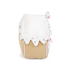 A side view of a plush toy gingerbread house in front of a white background. The house has a white icing roof, decorated with Christmas colored sprinkles and pink candy cane stripes on the sides. 
