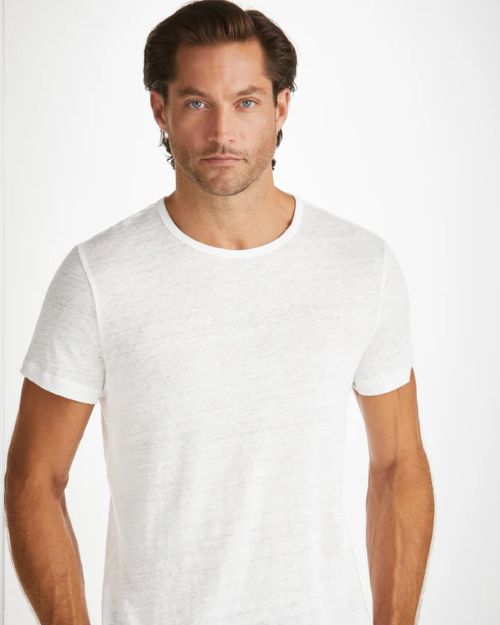 An image of a man from the waist up wearing a crew neck white short sleeve shirt
