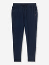 Navy blue joggers with a combined elastic and tie waistband with 2 pockets. 