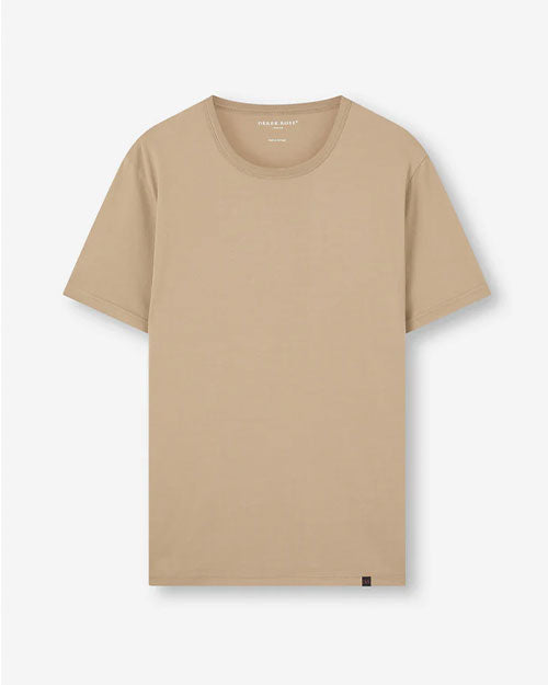Taupe t-shirt featuring a simple and clean design.