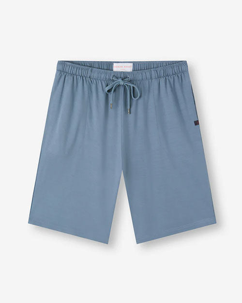  A pair of blue shorts with side drawstrings for a customizable look and comfort.