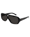 A pair of black, rectangular-framed Saint Laurent sunglasses with dark lenses. The temples feature the brand name ‘Saint Laurent’.