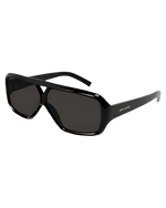 A pair of black, rectangular-framed Saint Laurent sunglasses with dark lenses. The temples feature the brand name ‘Saint Laurent’.