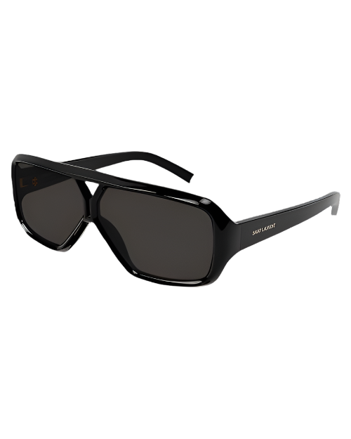 A pair of black, rectangular-framed Saint Laurent sunglasses with dark lenses. The temples feature the brand name ‘Saint Laurent’.