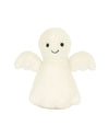 Minimalistic white plush ghost toy with small black eyes, a stitched smile, and two wings.