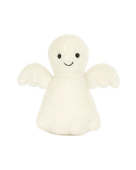 Minimalistic white plush ghost toy with small black eyes, a stitched smile, and two wings.