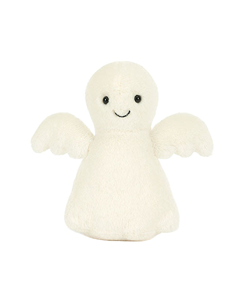 Minimalistic white plush ghost toy with small black eyes, a stitched smile, and two wings.