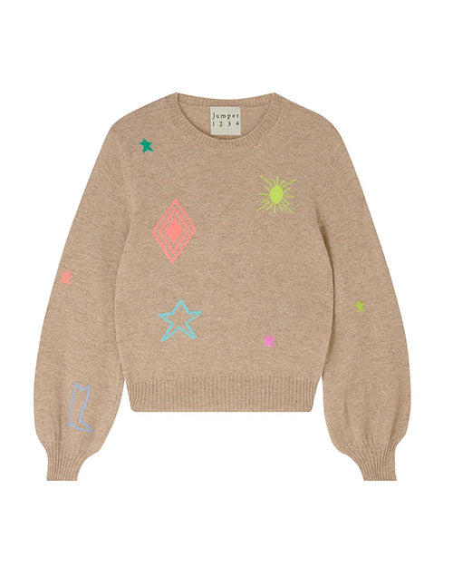 A beige sweater with a ribbed crew neckline, cuffs, and hem. It features colorful embroidered details, including stars in blue, green, and pink, a yellow sun-like shape, and a red diamond. 