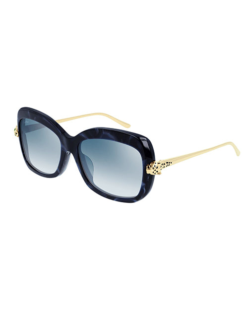 Think black and blue frame, the arms of the sunglasses are thin and gold-colored, with an intricate, leopard print detail near the hinges.