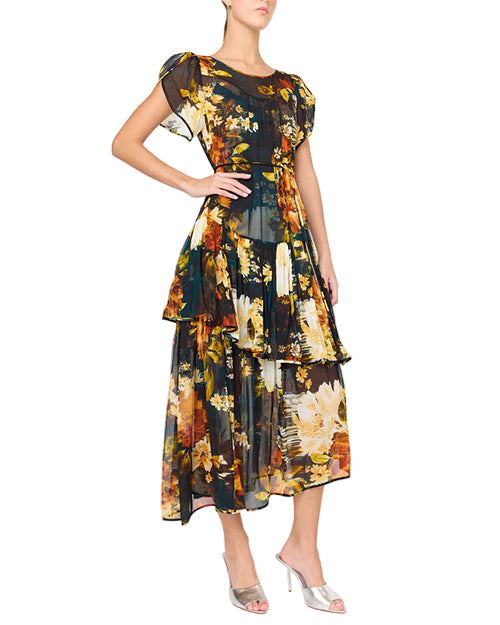 Woman wearing a floral dress on a white background