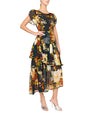 Woman wearing a floral dress on a white background
