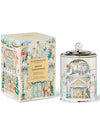 Decorative candle and packaging with festive design on a white background