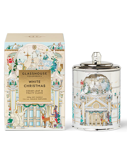 Glasshouse Fragrances White Christmas candle and packaging on a white background