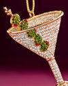A martini glass ornament adorned with sparkling green and red crystals, perfect for festive decorations.