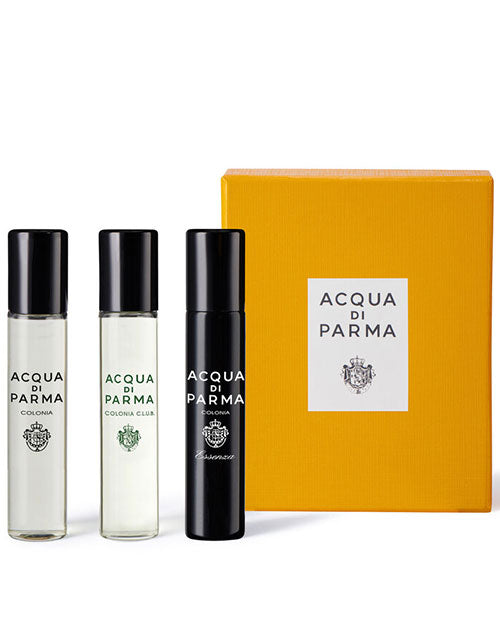 Acqua di Parma gift set featuring elegant packaging and three luxury fragrance products.