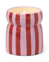 A decorative red and pink peppermint scented candle, against a white background.

