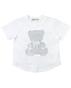 This white t-shirt features small stones in a bear shape with a bow accent on a white background.