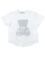 This white t-shirt features small stones in a bear shape with a bow accent on a white background.