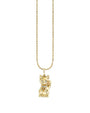 Gold necklace with a cat-shaped pendant featuring gemstone eyes and a jeweled collar, hanging from a beaded gold chain.