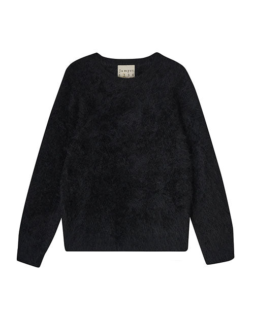 A black, fuzzy-textured sweater with long sleeves and a crew neck on a light colored background.