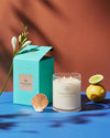 A still life composition on a blue surface with a terracotta background. The image features a light blue box labeled ‘GLASSHOUSE FRAGRANCES’ next to a white candle in a clear glass holder with the same branding. The candle has two lit wicks and is accompanied by a seashell, two lemon halves, and a sprig with white flowers and green leaves, suggesting an aromatic theme.