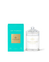 A product from Glasshouse Fragrances named ‘LOST IN AMALFI.’ The image shows a turquoise-colored packaging box on the left and a candle in a glass container with a lid on the right. The box indicates that it is a soy candle fragrance, weighing 60g or 2.1 oz.