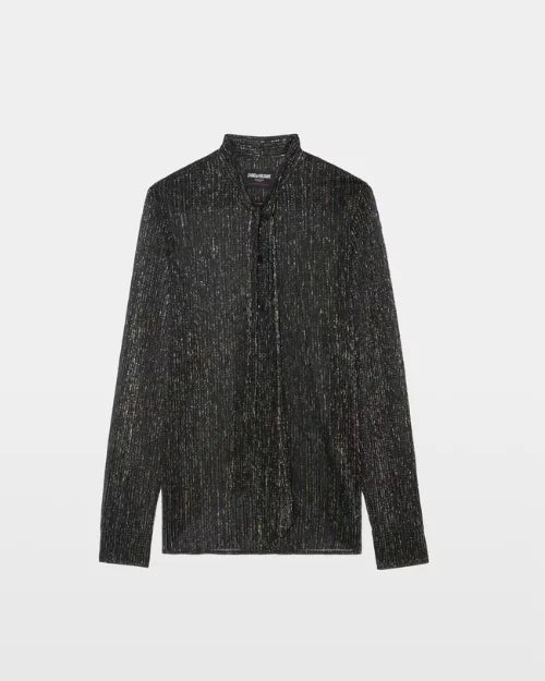 Image of a silver long sleeved shirt on a grey background. 