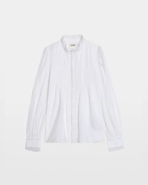 Photo of a white long-sleeved, button up blouse against a white background.