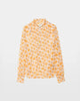 Image of an orange and pink floral long-sleeved blouse against a white background. 