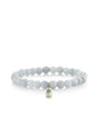 An image of a light blue beaded bracelet with a pear-shaped blue gemstone on a white background. 