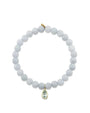 An image of a light blue beaded bracelet with a pear-shaped blue gemstone on a white background. 