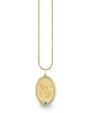 Image of a medallion necklace, showcasing an engraved flower design and diamond border. 