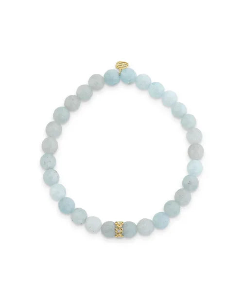 Image of a blue beaded bracelet with gold accent beads on a white background. 