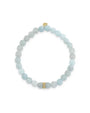 Image of a blue beaded bracelet with gold accent beads on a white background. 