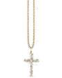 Image of a diamond encrusted gold cross necklace on a gold chain against a white background. 
