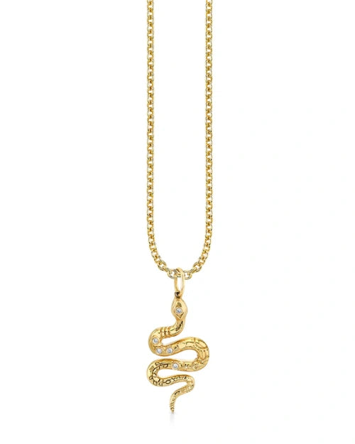Image of a gold snake pendant on a gold chain against a white background.