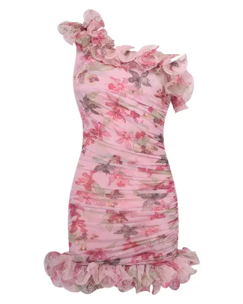 PatBO Orchid Bloom One-Shoulder Chiffon Mini Dress - Rose