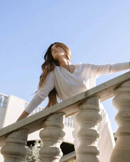 BORN A KENNEDY | Nora Pointelle V-Neck Shirt | Winter White
