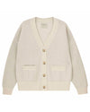Light beige knit cardigan with a deep V-neckline, four front buttons, two front pockets, and ribbed cuffs and hem, displayed flat.