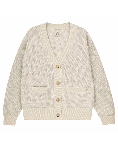 Light beige knit cardigan with a deep V-neckline, four front buttons, two front pockets, and ribbed cuffs and hem, displayed flat.