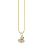 A gold necklace featuring a pendant shaped like a rubber duck, encrusted with small sparkling stones. The duck has blue stones for eyes and an orange beak. The gold chain has a simple, elegant design.