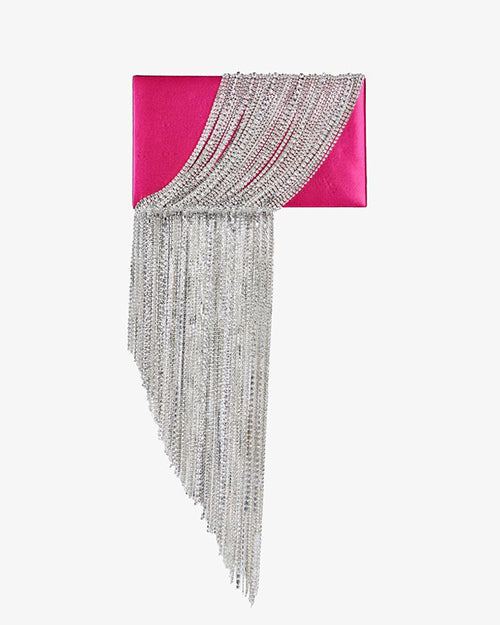 A vibrant pink clutch with a flap closure, adorned with multiple cascading rows of sparkling silver fringe beads that create a dramatic, shimmering effect. 