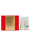 Red envelope with gold flap labeled 'Step Into Santa's Workshop!' next to a festive sticker sheet featuring 24 numbered Christmas-themed stickers, including Santa, elves, reindeer, gifts, and holiday decorations—designed as an advent calendar