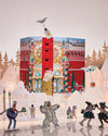 Advent calendar with cartoon characters and festive design on a light background
