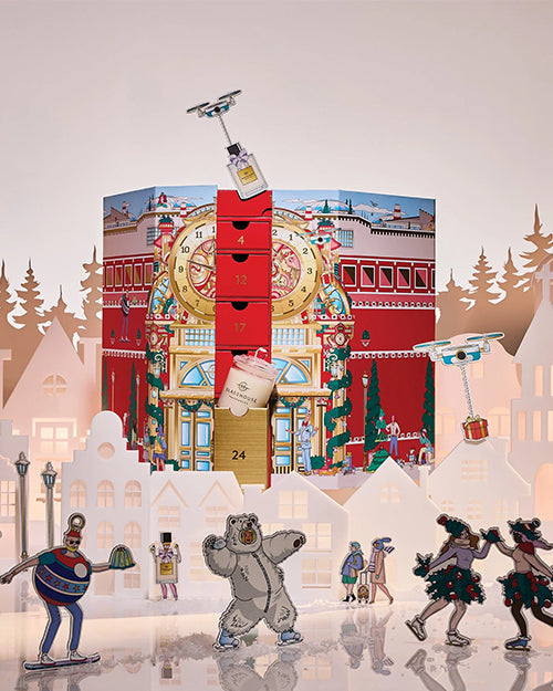 Advent calendar with cartoon characters and festive design on a light background