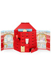Red advent calendar with open doors revealing festive scenes on a white background
