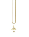 A gold chain necklace with a pendant in the shape of a airplane. The airplane is adorned with multiple pave diamonds.