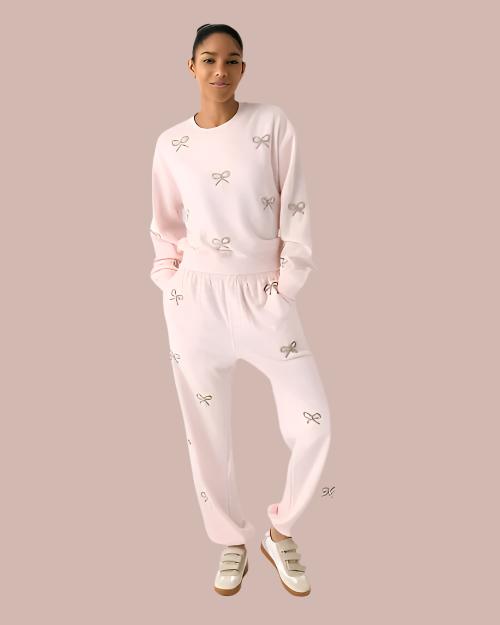 LoveShackFancy | Women's Lillia Crystal Bow Fleece Sweatpant | Icicle Pink