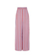  A pair of wide-leg, mid-calf length trousers with a vertical striped pattern. The stripes are in shades of red/orange, blue, and additional colors, featuring small geometric shapes and dots. The trousers have a flowy silhouette.