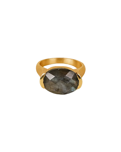 A gold ring featuring an oval-shaped, faceted gemstone in the center. The gemstone is dark in color with reflective surfaces.